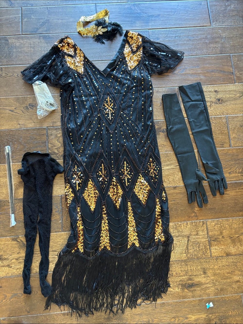Vintage-Inspired Black & Gold Beaded Fringe Dress